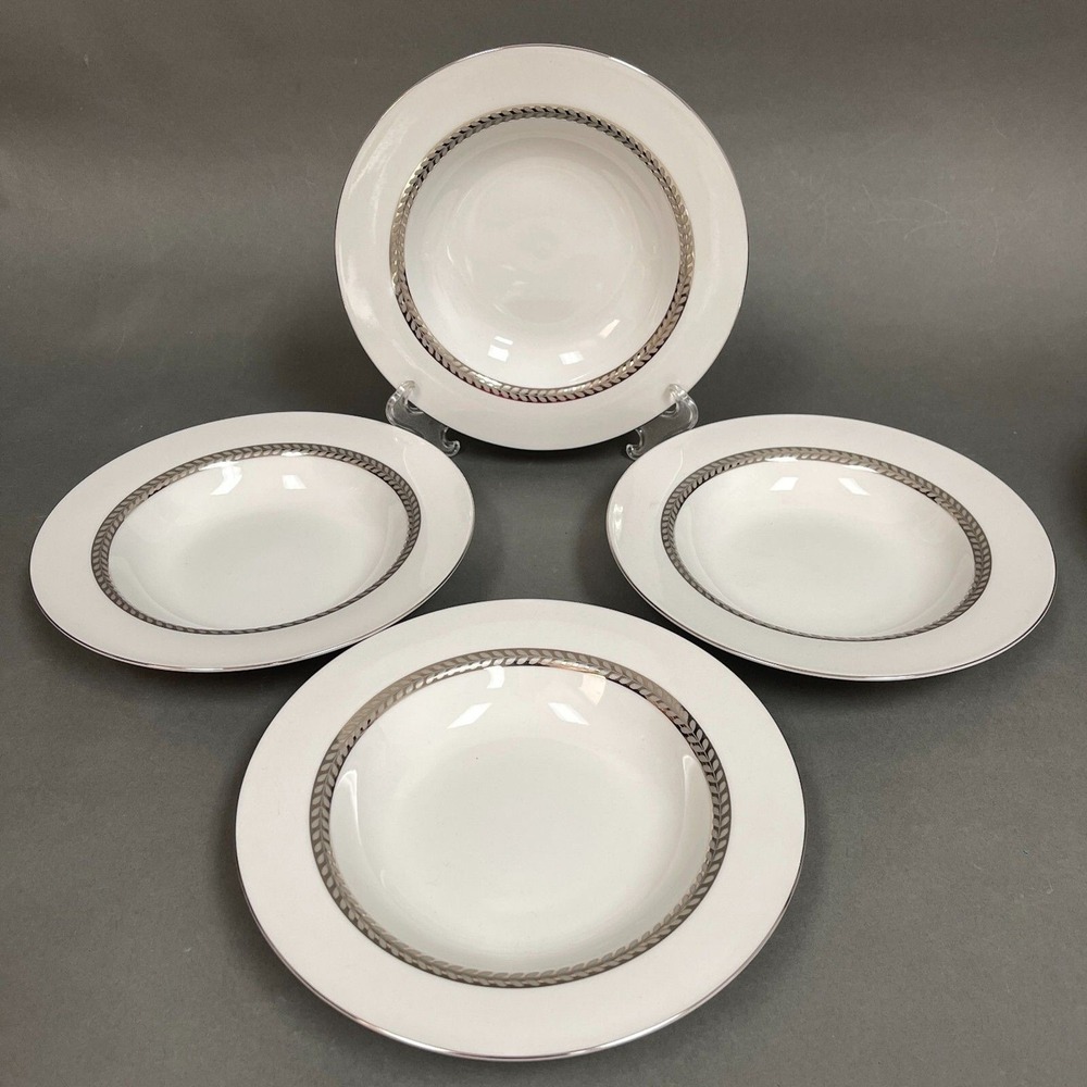 Retroneu Imperial Platinum Rimmed Bowls Porcelain 4141 White with Band‎ Lot of 4